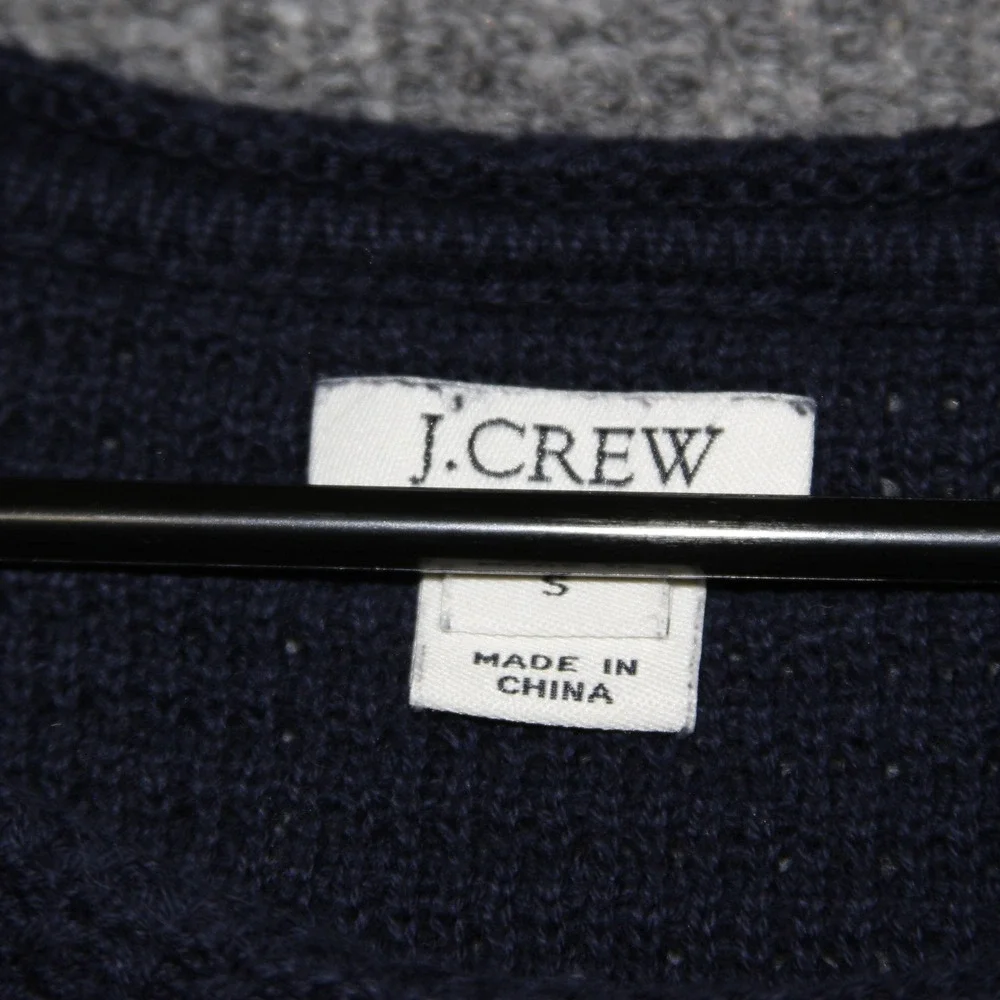 J Crew Navy Blue Cotton Knit Fringe V Neck Sweater Womens Size S Pullover‎